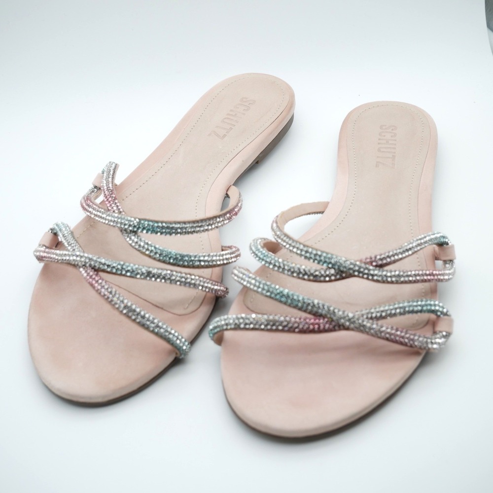 Schutz Women Pink Ombre Rhinestone Strappy Flat Slide Sandals Size 7.5B Brazil
